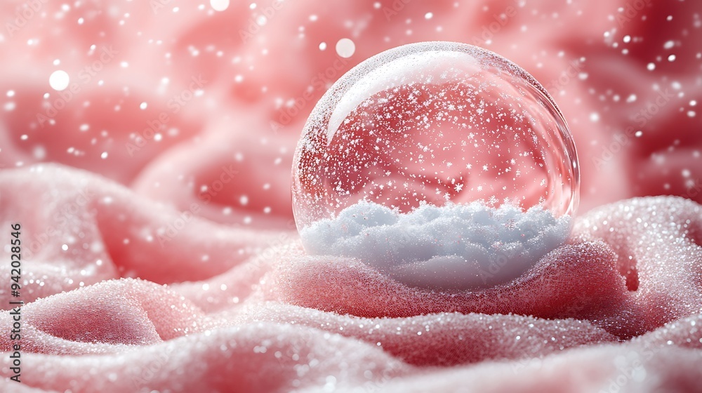 Fototapeta premium A snow globe with white snow inside sits on a pink fuzzy fabric with white snow falling around it.