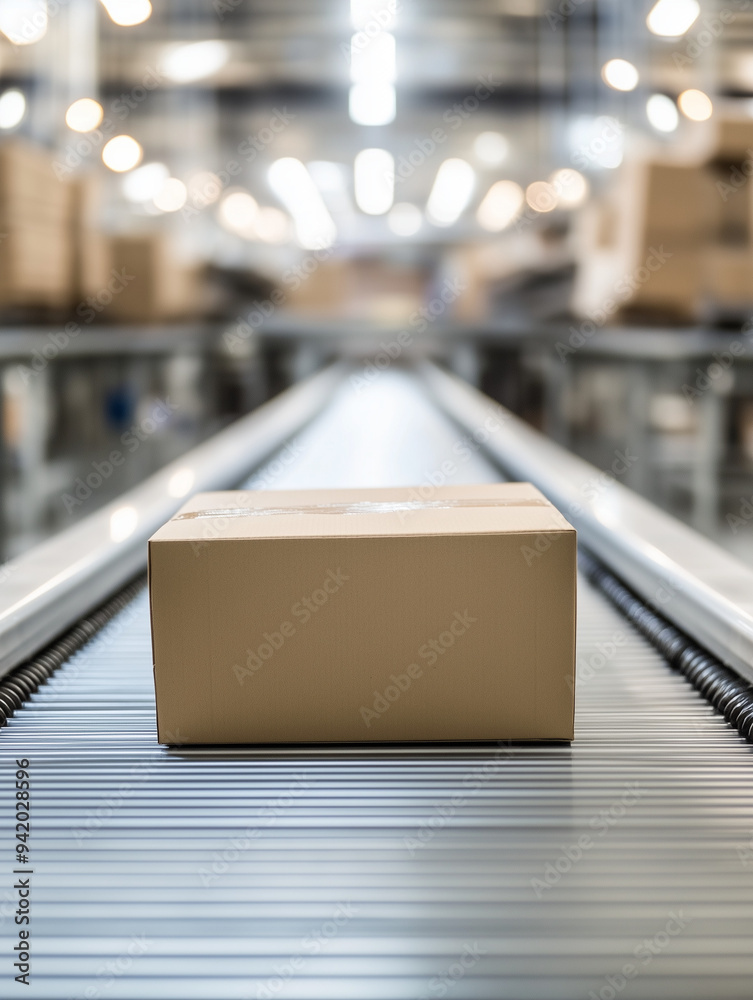 Cardboard Box on Conveyor Belt in Warehouse