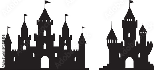 set of castle silhouette isolated on white background