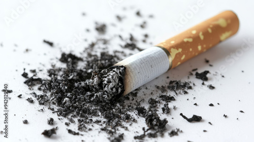 A close-up photo of a cigarette butt with ash scattered on a white background. The image symbolizes the harmful effects of smoking, addiction, and the waste created by tobacco use.