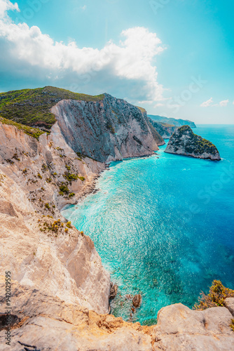 Plakaki beach on Zakynthos island or Zante Island, Greece. Beautiful views of azure sea water and nature with cliffs cave photo