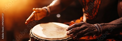 A close-up shot of a man's hands playing a traditional African djembe drum. The warm light illuminates the scene, emphasizing the rhythmic energy and passion of the performance. The image evokes a sen photo