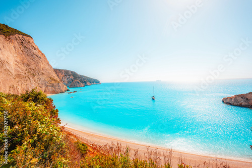 Beach of Port Katsiki with turquoise shining ocean on the island of Lefkada, Ionian Sea, Greece