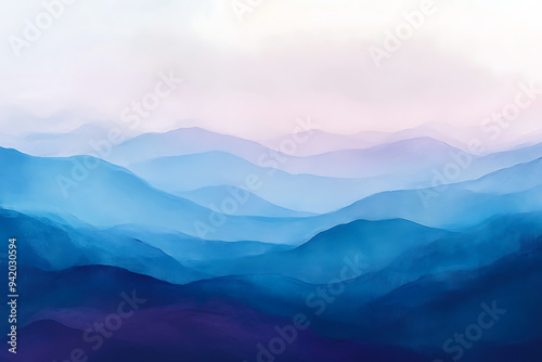 A serene landscape of layered blue mountains fading into a soft sky.