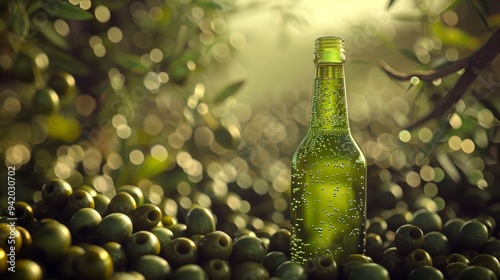 High-End Green Olive Bottle Surrounded by Green Olives, Ultra-Detailed and Shot with Canon 5D3, Perfect for Gourmet and Beverage Photography photo