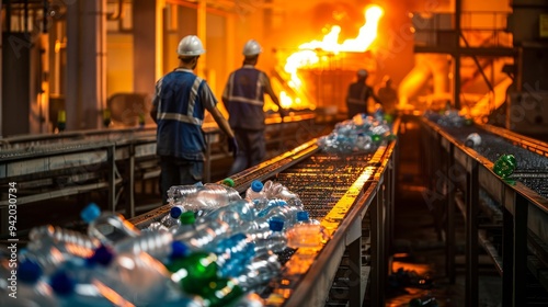 Accident Scene at Plastic Bottle Recycling Plant with Employees and Fire, Captured in 16:9 Aspect Ratio for Industrial Safety and Awareness