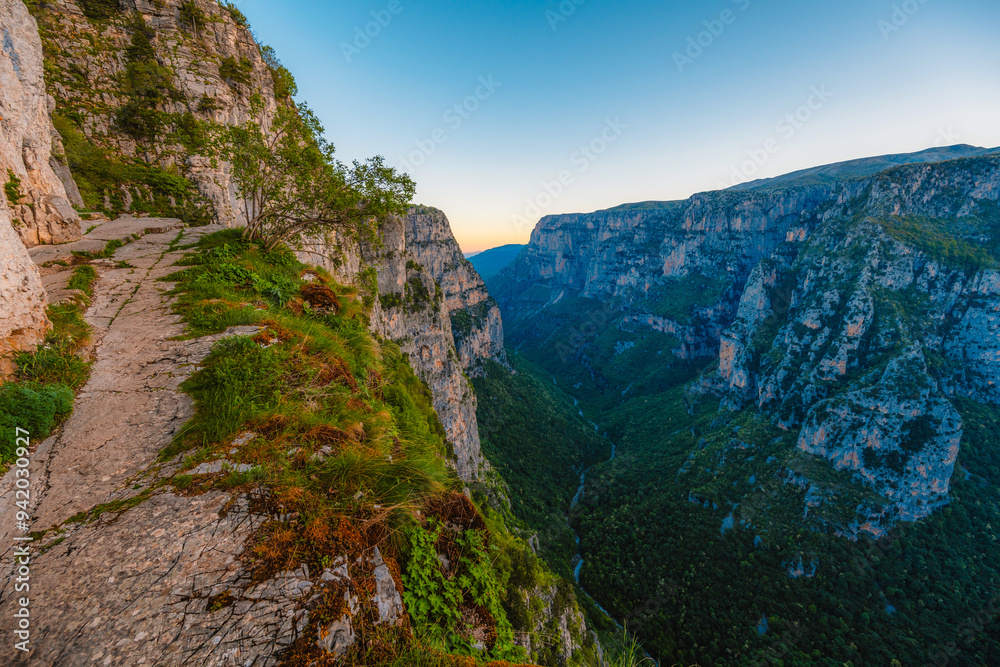 Fototapeta premium Vikos Gorge from the Oxya Viewpoint in the national park in Vikos-Aoos in zagori, northern Greece. Nature landscape