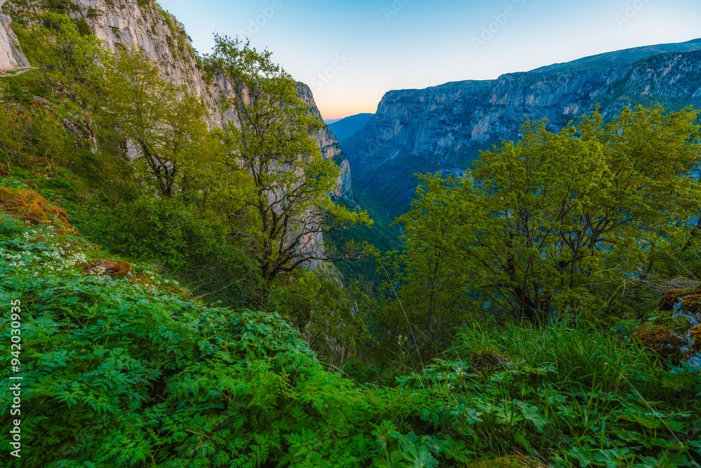 Vikos Gorge from the Oxya Viewpoint in the national park in Vikos-Aoos in zagori, northern Greece. Nature landscape Vikos Gorge from the Oxya Viewpoint in the national park in Vikos-Aoos in zagori, northern Greece. Nature landscape