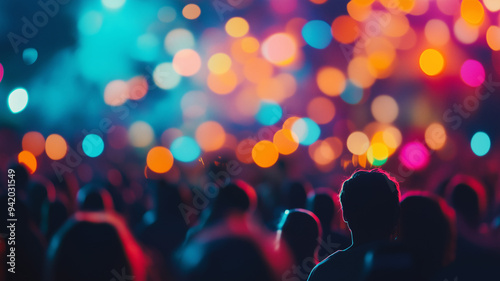 Abstract out-of-focus scene of Glastonbury Festival with colorful bokeh and concert crowd