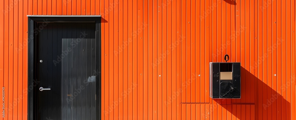 Modern Minimalist Orange Wall with Black Door and Geometric Panel Modern Minimalist Orange Wall with Black Door and Geometric Panel