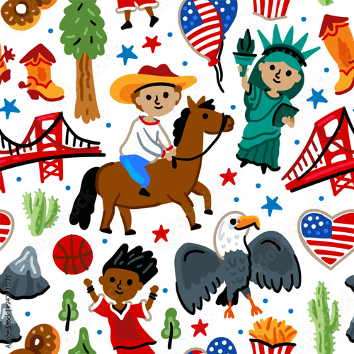 Bright cheerful children seamless vector pattern with symbols of the United States of America. July 4. cowboy, statue of liberty, eagle, Golden Gate. USA landmarks. Childish travel background