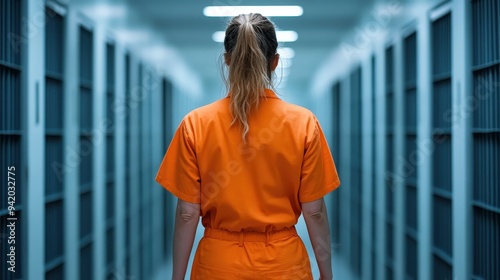 A person in an orange prison uniform standing in the middle of a dimly lit corridor of a jail or prison, with their back facing the camera. photo