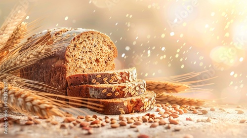 slice of Multigrain Bread and few ingredient. creative realistic advert photo for bakery store. photo