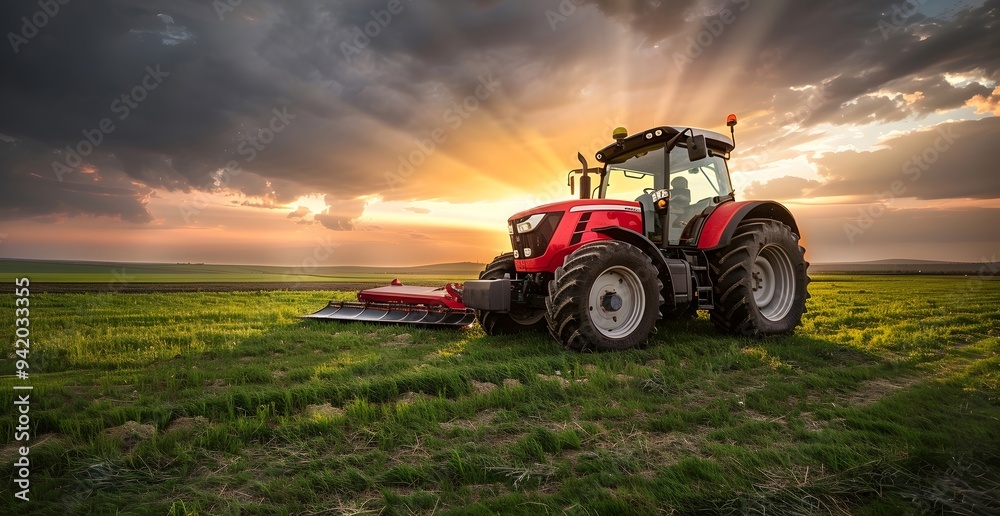 Fototapeta premium Red Tractor in Meadow at Sunset with Sun Rays
