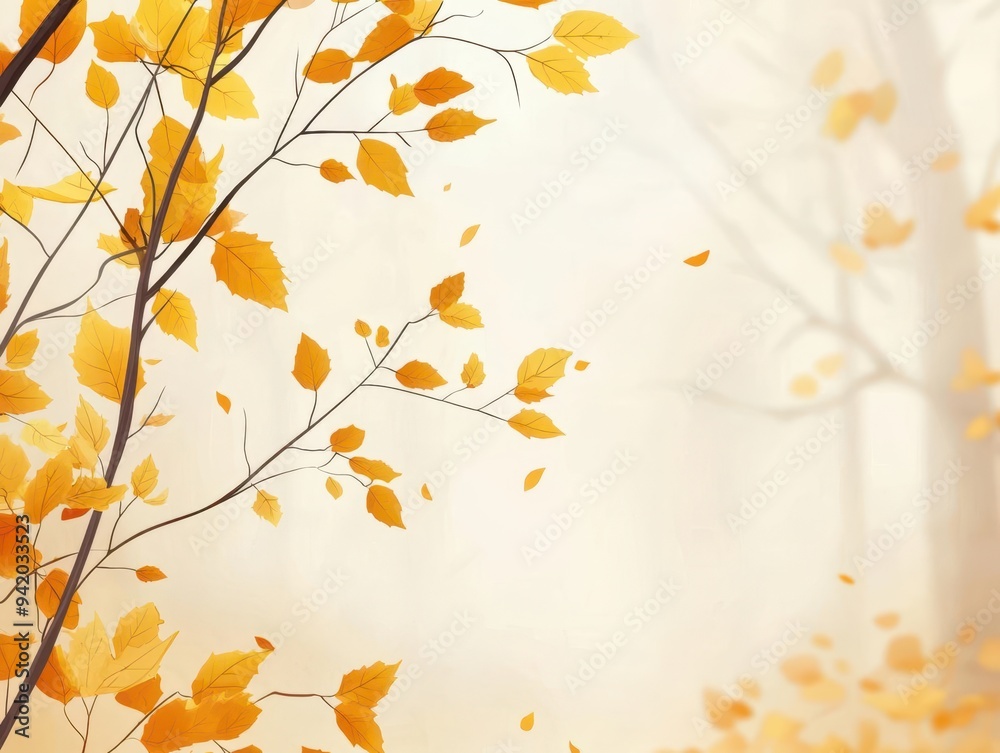 Misty morning in a golden autumn forest, tranquil scene with space for text, illustration Misty morning in a golden autumn forest, tranquil scene with space for text, illustration
