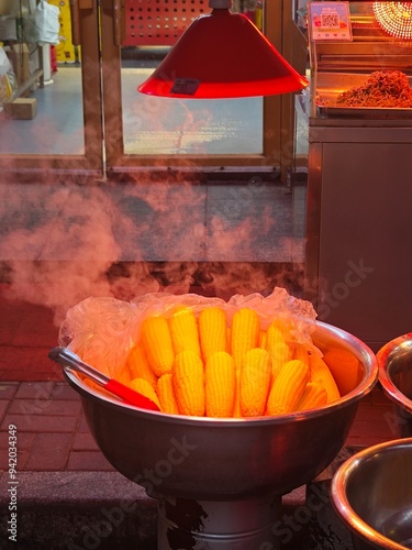A stall where corn is cooked at night