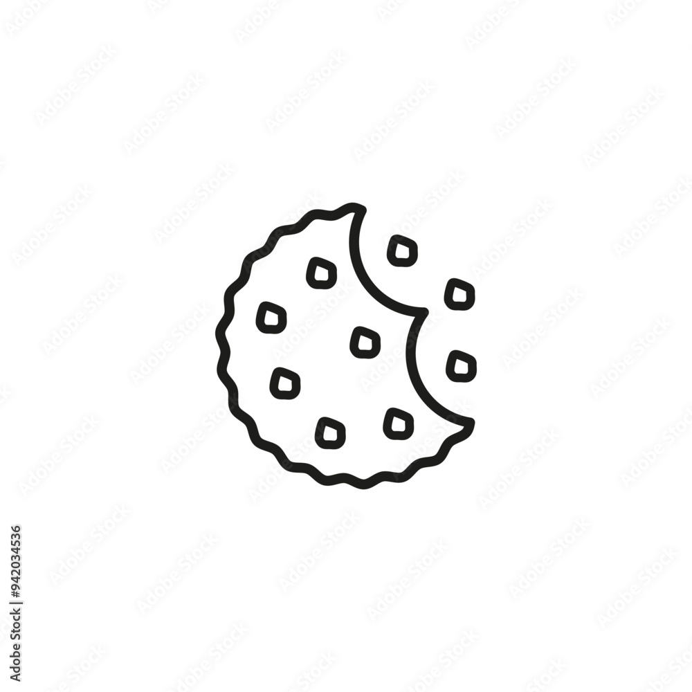 Bitten cookies with crumbs. Round cookie icon. Biscuit and cracker symbol. Outline vector illustration on white background. 