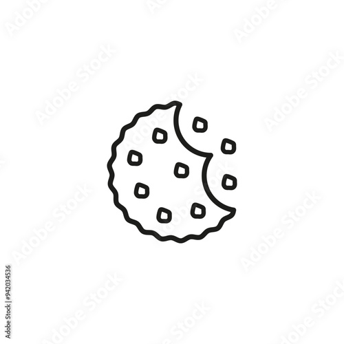 Bitten cookies with crumbs. Round cookie icon. Biscuit and cracker symbol. Outline vector illustration on white background. 