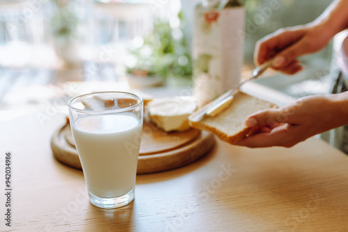Canvas Print healthy breakfast milk bread and butter