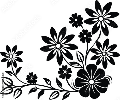 flowers corner decoration illustratilon black and white