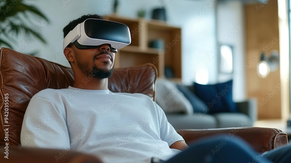 A man enjoying immersive virtual reality experience in a cozy living room, showcasing modern technology and relaxation. A man enjoying immersive virtual reality experience in a cozy living room, showcasing modern technology and relaxation.
