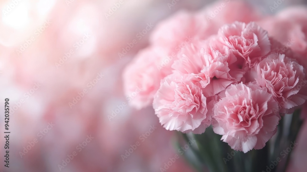 A delightful bouquet of pink carnations with their petals soft and charming, set against a beautifully glowing blur background, capturing the essence of tenderness and love.