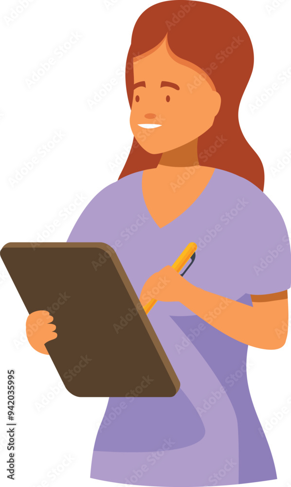 Female nurse taking notes on clipboard smiling wearing scrubs Female nurse taking notes on clipboard smiling wearing scrubs