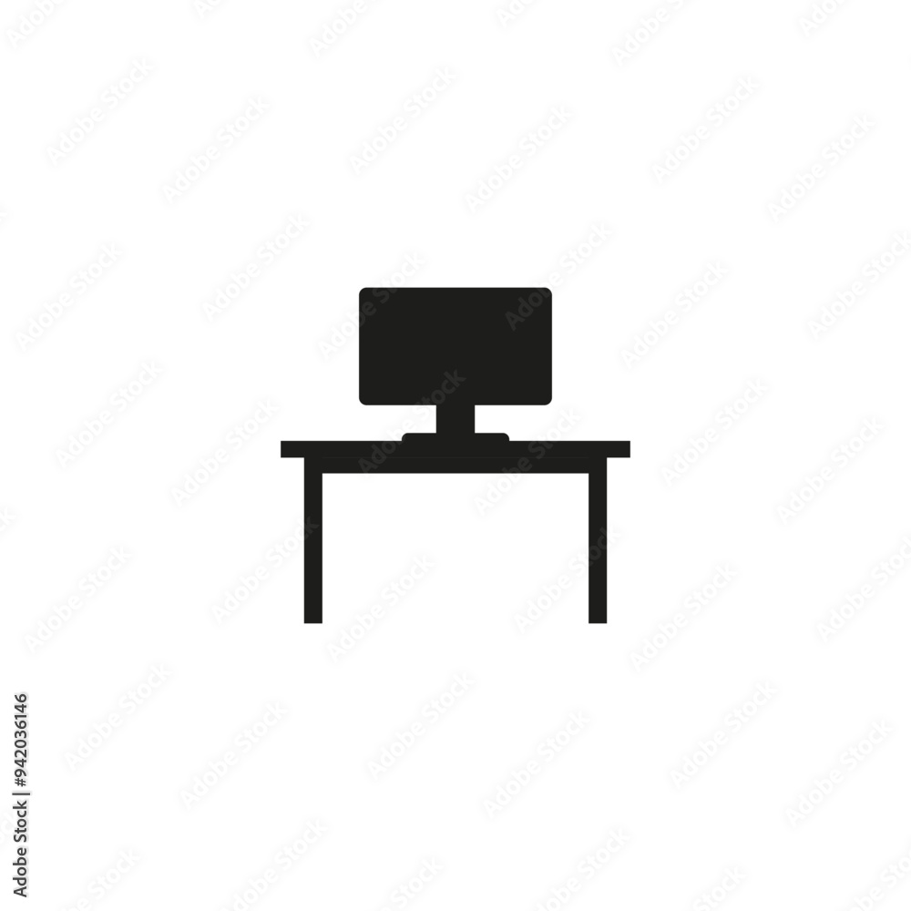Fototapeta premium Desk with computer. Vector icon. Silhouette on white background.