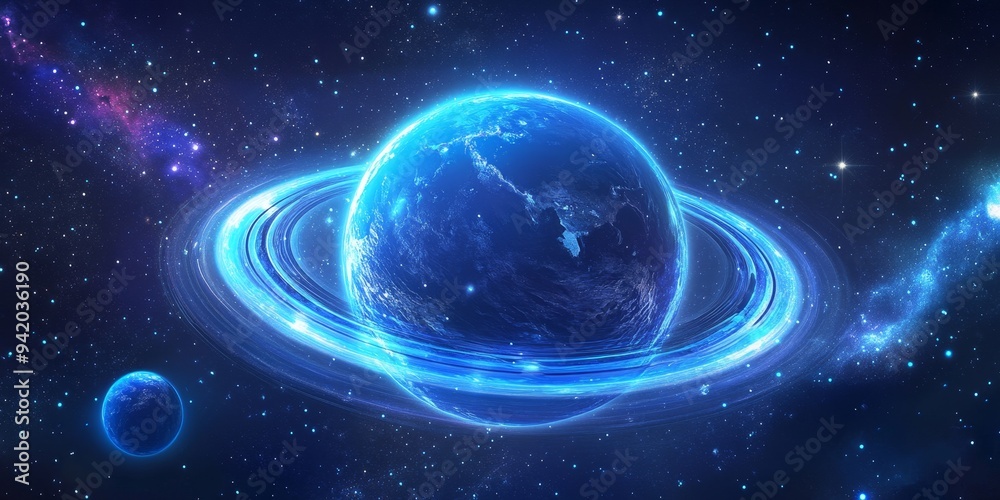 Obraz premium A mysterious blue planet surrounded by glowing energy rings, radiating light into the dark, vast expanse of space, stars twinkling in the distance