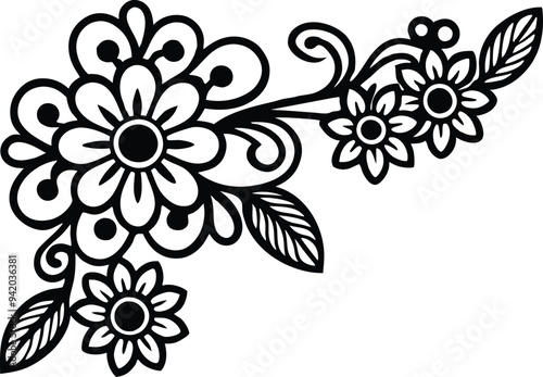 flowers corner decoration illustratilon black and white