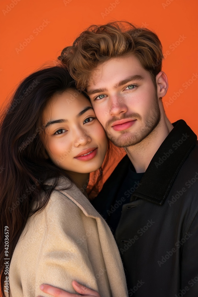 A man and a woman are posing for a picture. The woman is wearing a tan coat and the man is wearing a black jacket. Scene is warm and friendly, as the couple is embracing each other A man and a woman are posing for a picture. The woman is wearing a tan coat and the man is wearing a black jacket. Scene is warm and friendly, as the couple is embracing each other