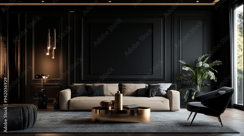 Elegant modern living room featuring a black palette, stylish furniture, and large windows for natural light in a contemporary home setting Elegant modern living room featuring a black palette, stylish furniture, and large windows for natural light in a contemporary home setting