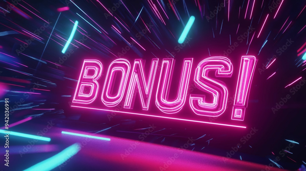 Bonus! neon text with glitch and motion blur effects background. Bonus! neon design for digital games. Bonus! neon text with glitch and motion blur effects background. Bonus! neon design for digital games.