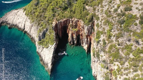 Red Rocks, Hvar, Croatia - Close-Up Aerial Of The Coastal Cliffs, Croatia. Detailed Drone Footage Of The Red Rocks On Hvar Island, Capturing The Dramatic Cliff Faces And Surrounding Azure Waters.