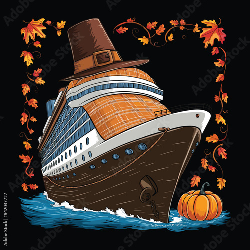 Thanksgiving Cruise Ship with Pilgrim Hat, Turkey, and Pumpkin Vector Clipart