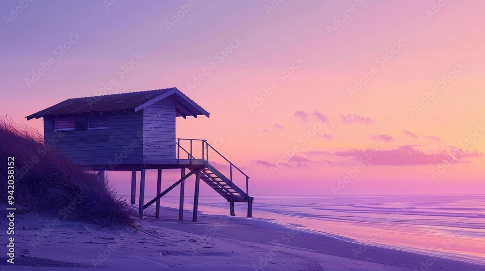 Solitary wooden beach house visualized in 'Shadows of Serenity,' capturing profound shadows and a color palette from purple to orange with misty white, in a 16:9 aspect ratio. Solitary wooden beach house visualized in 'Shadows of Serenity,' capturing profound shadows and a color palette from purple to orange with misty white, in a 16:9 aspect ratio.