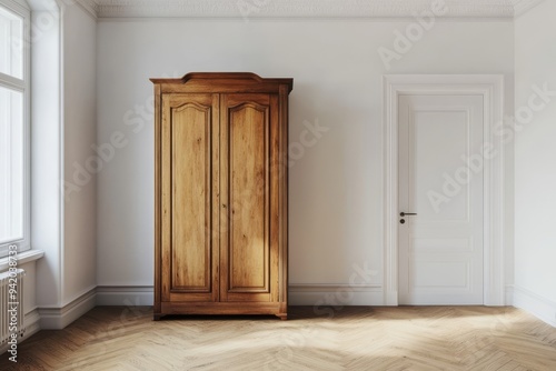 A minimalist apartment interior featuring a vintage wooden armoire in a spacious room with white walls and a wooden floor, highlighting the classic charm of the furniture.