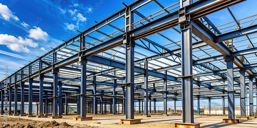Rugged iron beams and sturdy pillars form the skeletal framework of a modern industrial building, showcasing the strength and durability of structural steel architecture. Rugged iron beams and sturdy pillars form the skeletal framework of a modern industrial building, showcasing the strength and durability of structural steel architecture.