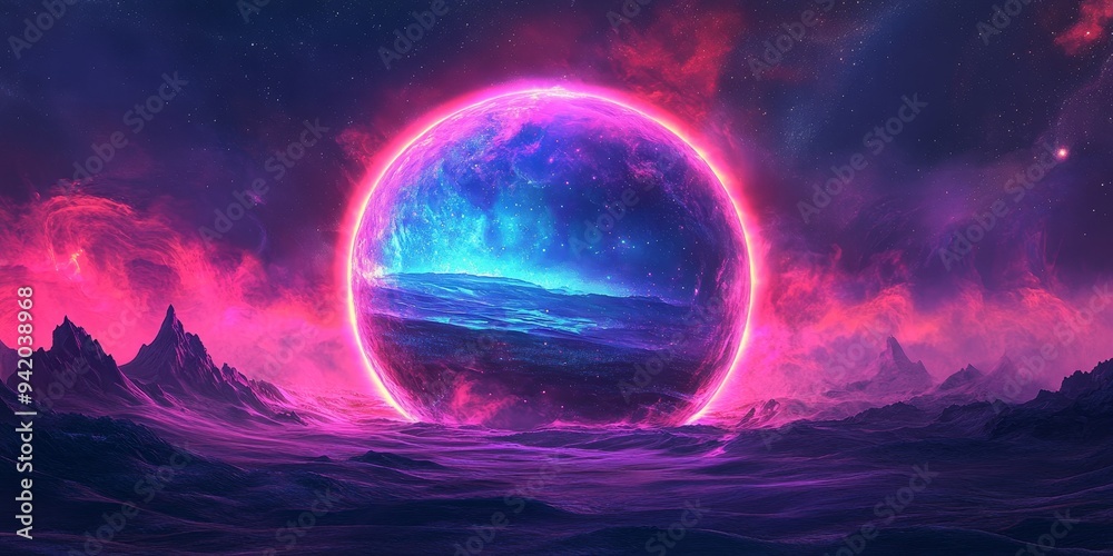 A glowing safe zone surrounded by swirling cosmic energy, protecting a serene landscape inside, representing safety in a vast universe A glowing safe zone surrounded by swirling cosmic energy, protecting a serene landscape inside, representing safety in a vast universe