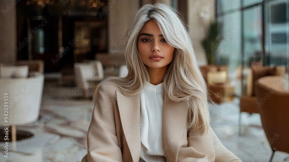 Adult Persian Woman with Blond Straight Hair creative poster.