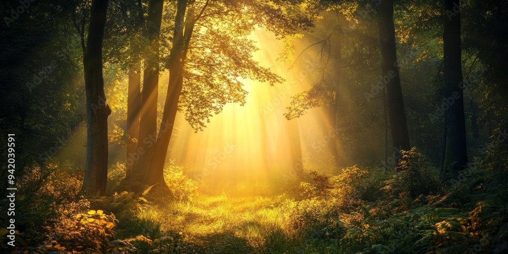 Fototapeta premium Peaceful sanctuary in the middle of a forest, glowing soft light filters through the trees, symbolizing a calm and safe zone amidst nature