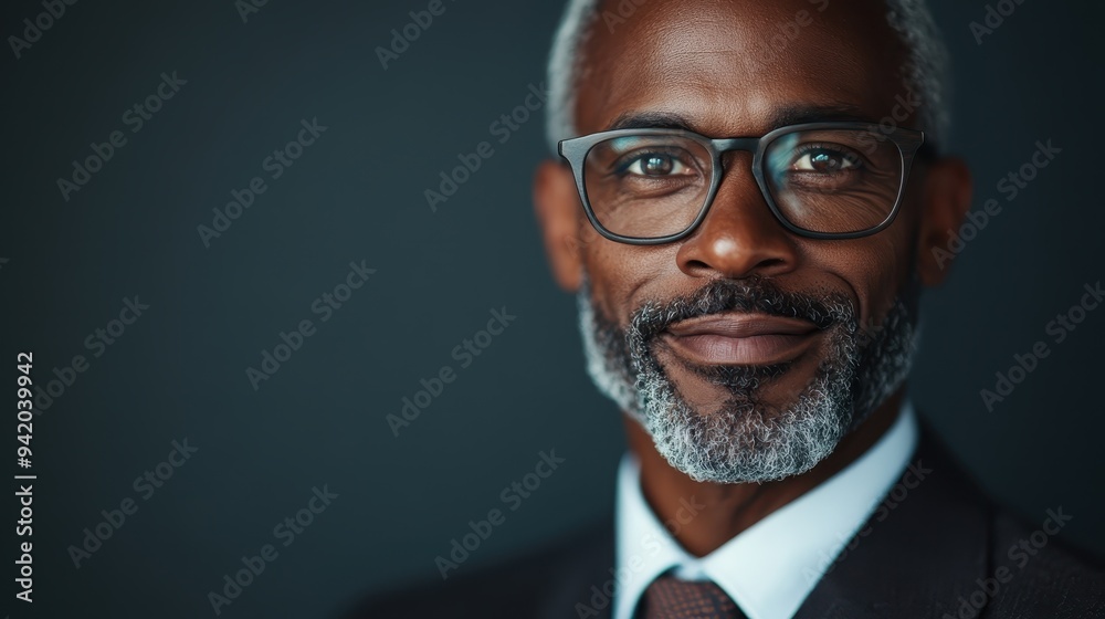 A man wearing glasses and a suit, with a subtle smile, standing against a dark background, capturing a moment of calm confidence and professionalism in a poised setting.