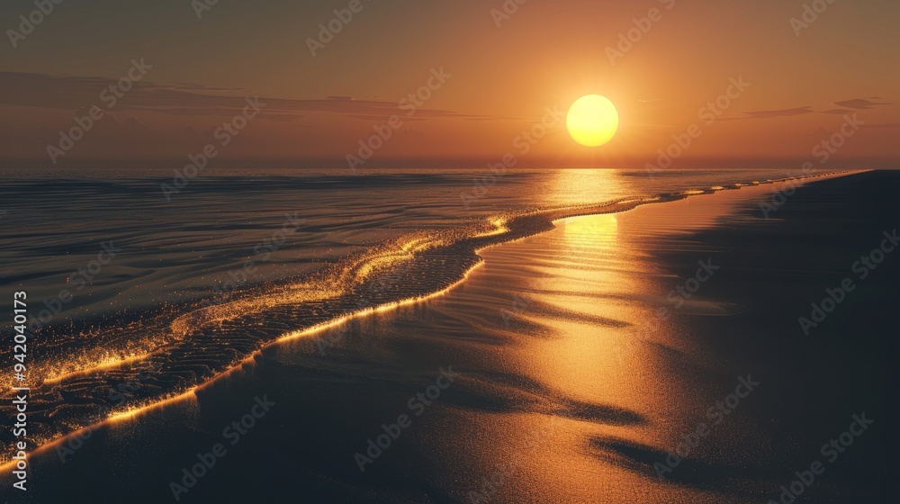 Naklejka premium Serene Sunset Beach Photograph: Golden Sun Setting Over Dark Ocean with Black Sand and Calm Waters in a Photorealistic Style