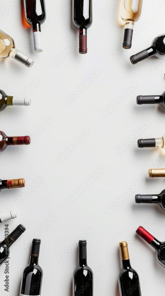 Elegant Wine Bottles in Pure White Background: High-End Bottles Arranged in Symmetric Design