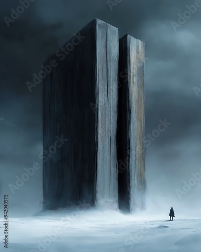 man standing front tall building cold place monolith surreal taller than skyscraper long odontophobia library feet cascading rustic enormous secure megaliths photo