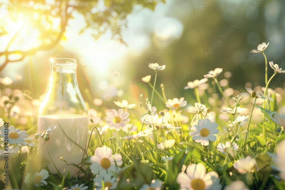 Fresh Milk in Sunlit Meadow with Daisies - Ideal for Nature Themes, Healthy Living, and Organic Product Promotions Fresh Milk in Sunlit Meadow with Daisies - Ideal for Nature Themes, Healthy Living, and Organic Product Promotions