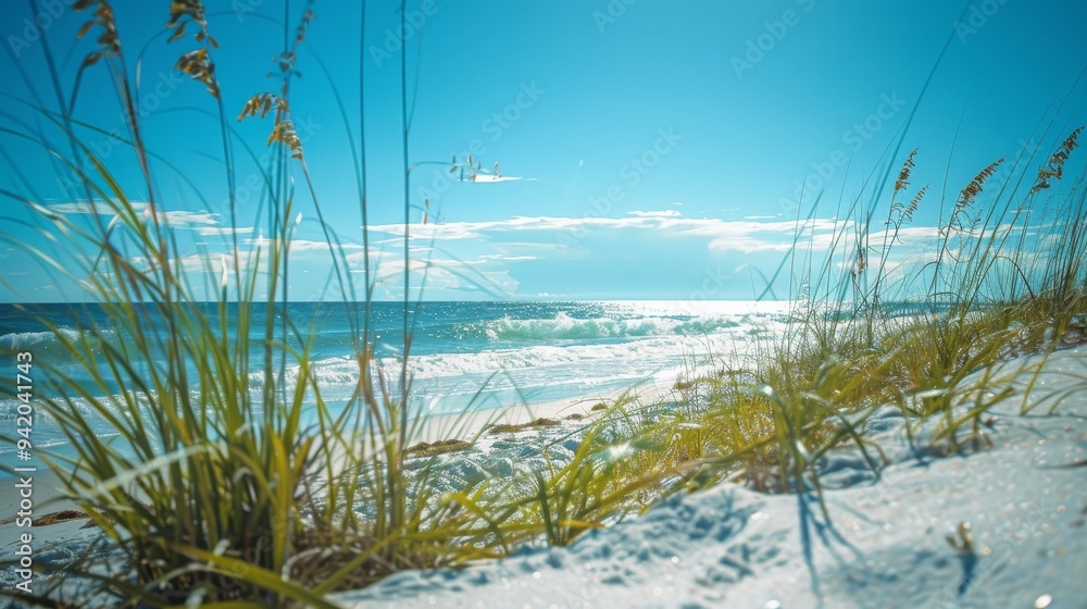 Fototapeta premium Beach Scene Advertising: Sunset Background, Green and Blue, Red and Yellow Accents, White Sand, Blue Ocean, Canon 4D Mark IV