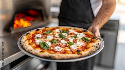 Food truck serving wood-fired pizza with a rustic oven visible, artisan cooking, authentic flavors