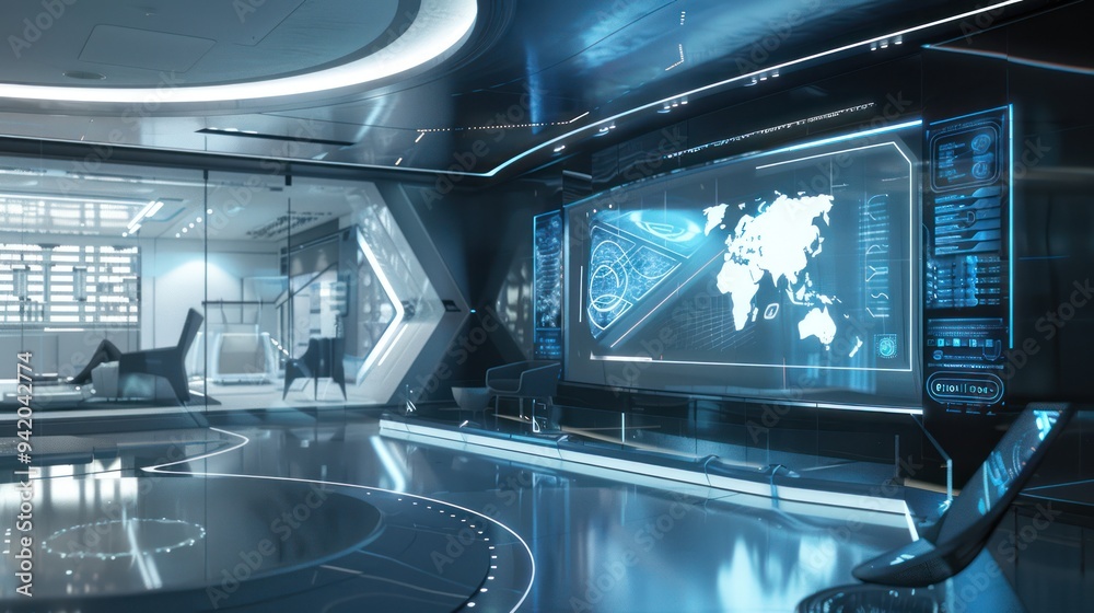 Futuristic Control Room with World Map Display Futuristic Control Room with World Map Display