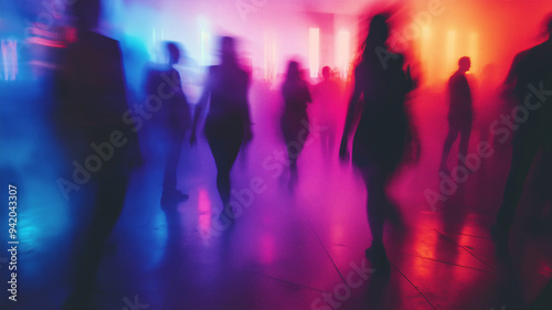 Dreamy blurry abstract nightclub interior with dancing silhouettes and vibrant lights